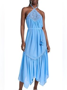 RAMY BROOK Patsy Crochet Coverup Halter Long Dress Serene Blue Small S NEW NWT